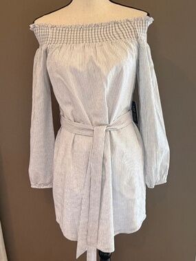 NWT Express White & Black Stripes Off-the-Shoulder Cotton Dress, Size Small
